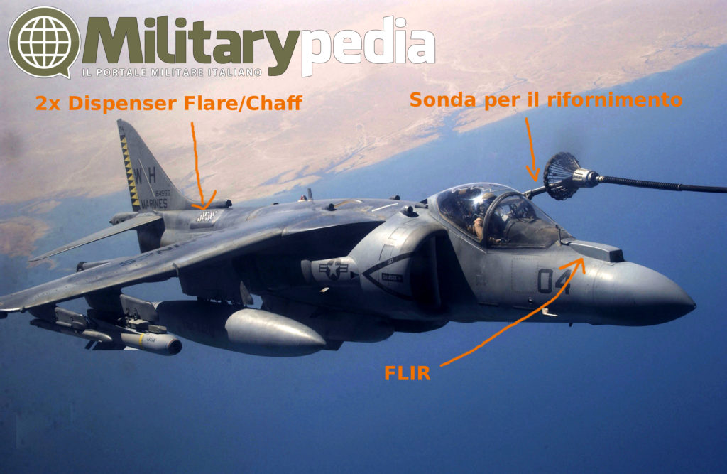 Infografica che evidenzia alcune parti del velivolo. L'Harrier è rifornito in volo da un KC-130T Hercules, vicino Fallujah, Iraq.